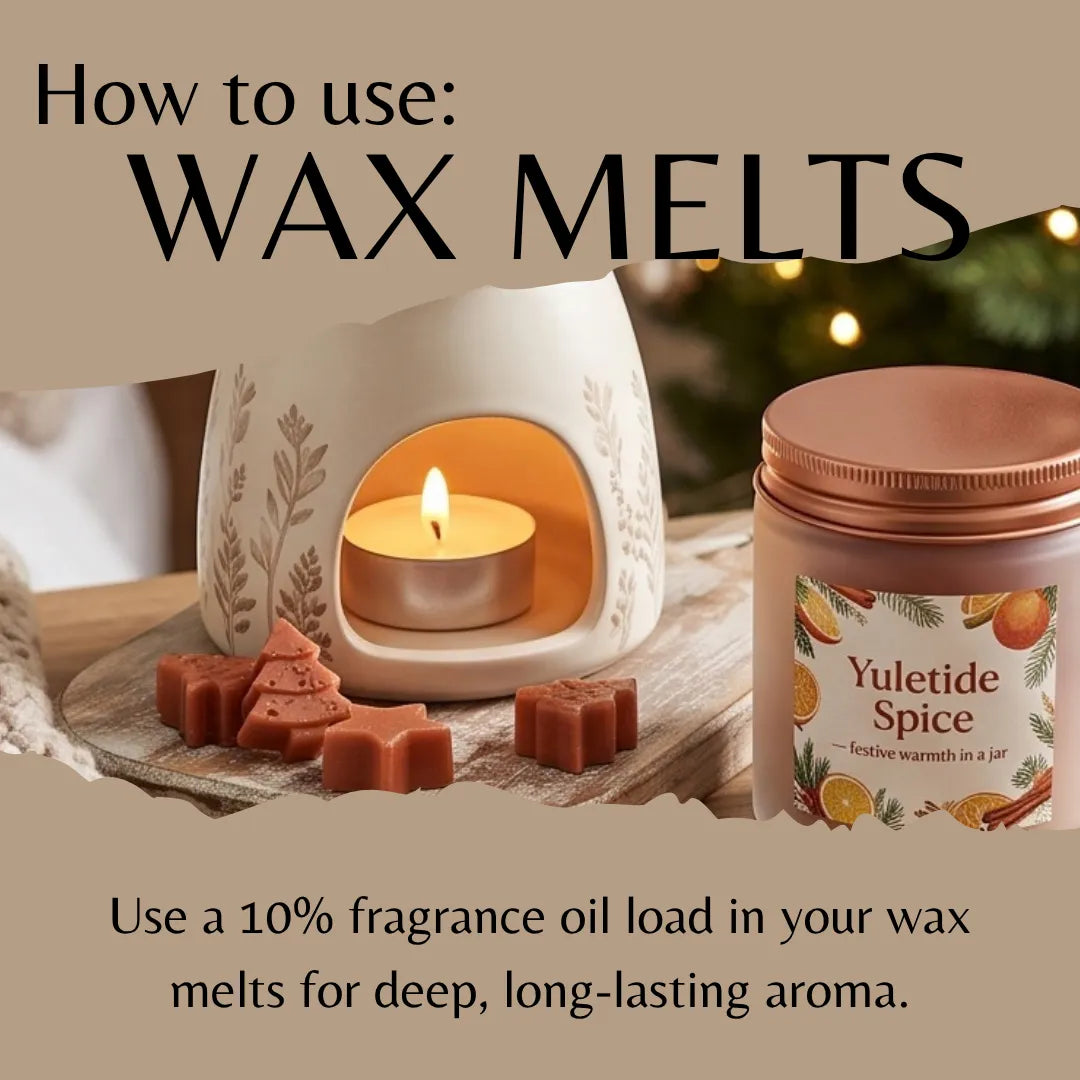 Instructional graphic titled 'How to use: WAX MELTS' showing a white ceramic candle warmer with a lit tea light, several brown wax melts, and a jar labeled 'Yuletide Spice' on a tabletop with holiday lights in the background.