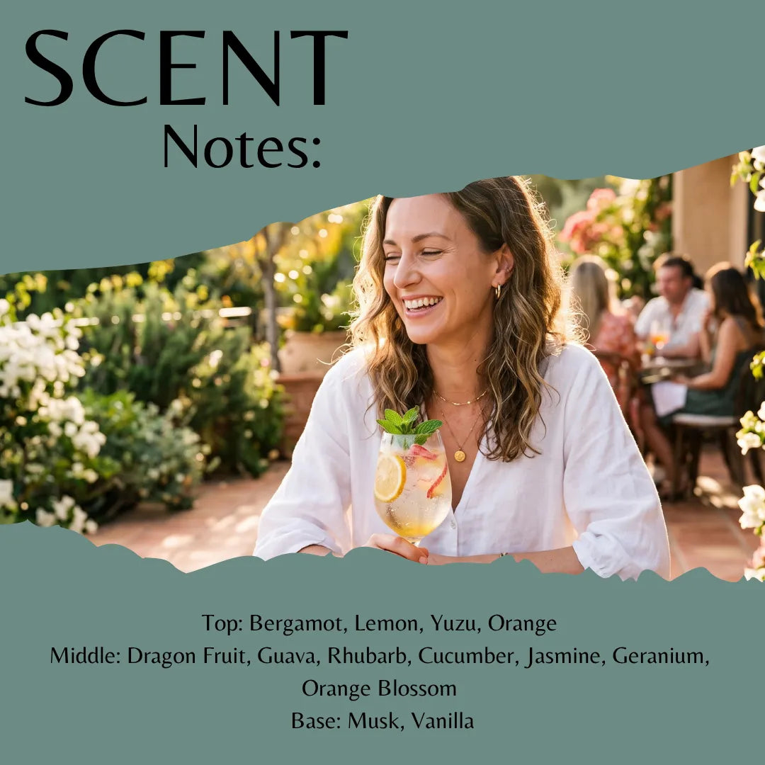 A promotional graphic for a fragrance scent profile titled 'SCENT Notes:' with a photo of a smiling woman holding a citrus drink outdoors, overlaid with scent notes listing Bergamot, Lemon, Yuzu, Orange, Dragon Fruit, Guava, Rhubarb, Cucumber, Jasmine, Geranium, Orange Blossom, Musk, and Vanilla.