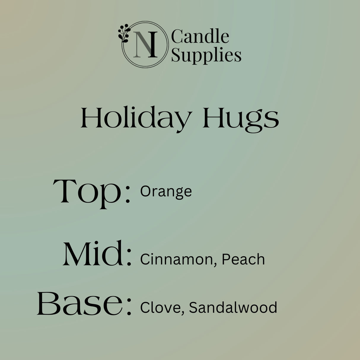 Product label for 'Holiday Hugs' candle with fragrance description on a light green background.