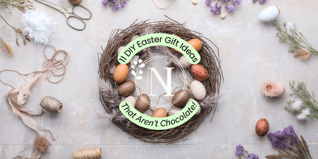 Assorted crafting items on a workstation to make Easter gifts.