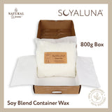 Soy blend container wax in a 800g box with SOYALUNA branding on a beige background.