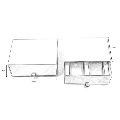 Pencil sketch of a candle gift box showing dimensions of the product.