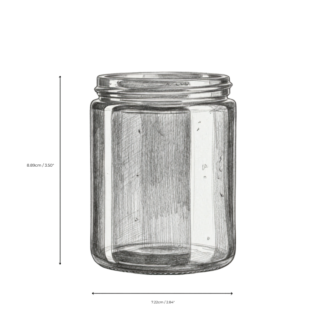 A clear glass jar shown on a white background with dimension lines and text indicating height 8.89 cm / 3.