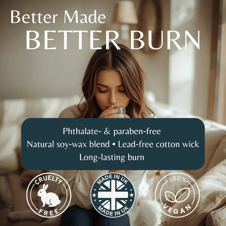 A promotional graphic for Better Made Better Burn burn candles. A woman is shown sitting on a sofa, lit from below, holding a glass of water.