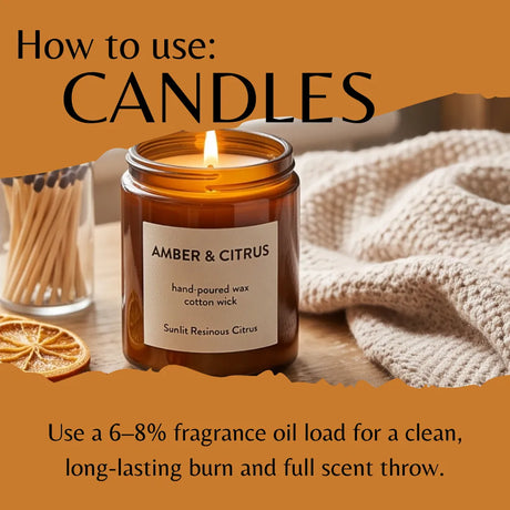 An amber glass candle jar with a lit flame and a white label reading 'AMBER & CITRUS' and 'Sunlit Resinous Citrus,' shown with large text overlays explaining how to use candles. A matchbox, dried orange slice, and cream knit blanket appear in the scene.