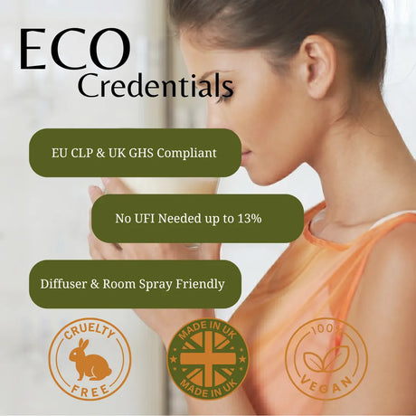 Promotional graphic for an ECO Credentials diffuser and room spray, featuring a woman in profile wearing an orange top against a softly lit indoor background. Large text reads 'ECO Credentials,' with olive-green callout boxes listing compliance claims, and circular badges for cruelty-free, made in UK, and vegan.