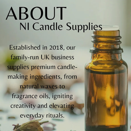 Brown bottle with a blurred background and text about NI Candle Supplies.