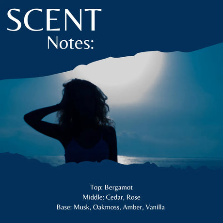 A square cover-style graphic with the title 'SCENT Notes:' in white text over a blue-toned scene showing a silhouetted woman at a beach or water edge under a bright moonlit sky. Smaller text at the bottom lists fragrance notes: Bergamot, Cedar, Rose, Musk, Oakmoss, Amber, and Vanilla.