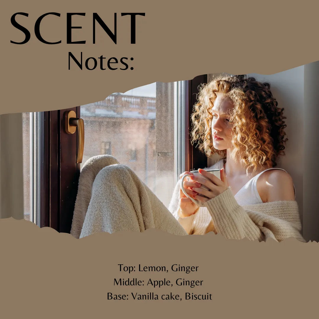 Scent Notes: fragrance profile graphic with a torn-paper effect showing a woman with curly hair sitting by a window and holding a mug, with text listing scent notes: Lemon, Ginger, Apple, Ginger, and Vanilla cake, Biscuit.