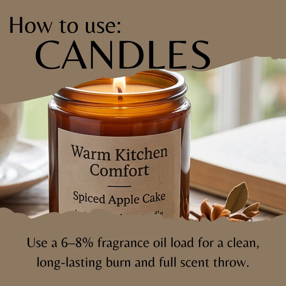 A lit amber glass candle jar labeled 'Warm Kitchen Comfort' and 'Spiced Apple Cake' on a tabletop with a blurred book and cup in the background. Large text at the top reads 'How to use: CANDLES' and smaller text at the bottom explains fragrance oil loading.