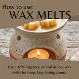 A ceramic wax warmer with a lit tea light candle and wax melts in the bowl, overlaid with text reading 'How to use: WAX MELTS' and usage instructions.