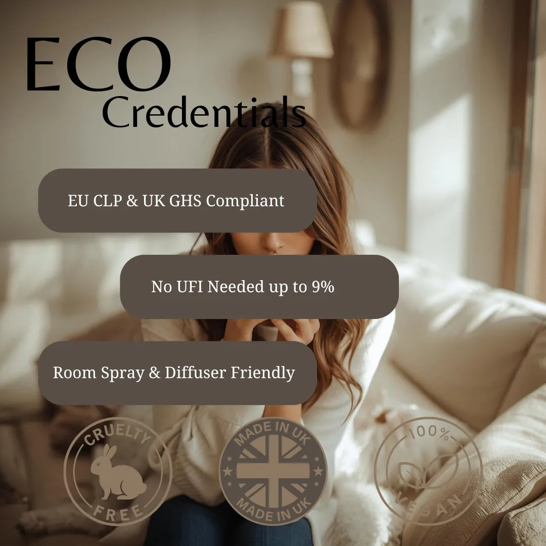 A promotional graphic for 'ECO Credentials' featuring a woman sitting on a beige sofa in a softly lit room. Large text highlights compliance, low fragrance strength, and room spray compatibility, with circular certification-style badges at the bottom.