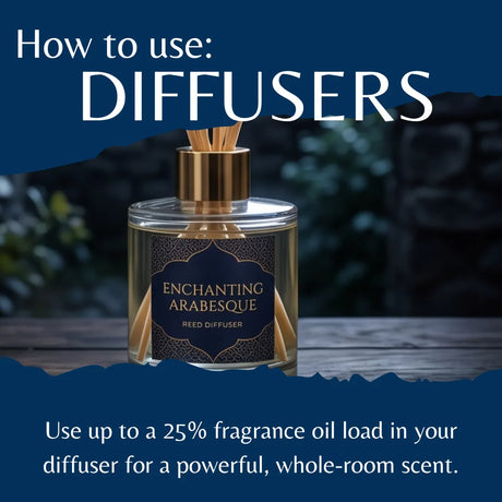 A reed diffuser bottle labeled 'Enchanting Arabesque' sits on a wooden surface with a dark blurred background. Large text at the top reads 'How to use: DIFFUSERS,' and text at the bottom says 'Use up to a 25% fragrance oil load in your diffuser for a powerful, whole-room scent.