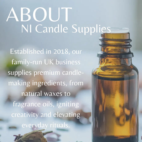 Promotional graphic for NI Candle Supplies featuring a close-up of an amber glass bottle filled with golden liquid, with white text reading 'ABOUT NI Candle Supplies' and a short company description on a softly blurred light background.