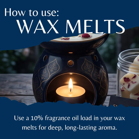 Instructional graphic titled 'How to use: WAX MELTS' showing a dark blue ceramic wax warmer with a lit tealight candle inside, plus a jar of wax melts on a wooden surface. Text explains using fragrance oil load for deep, long-lasting aroma.