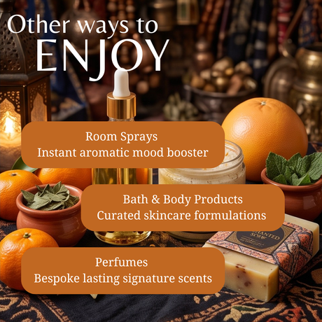 Promotional graphic with the text 'Other ways to ENJOY' over a styled still life of spa and fragrance items, including a room spray bottle, bath and body products, a bar of soap, oranges, mint, and candles. Three orange banners list: Room Sprays, Bath & Body Products, and Perfumes.