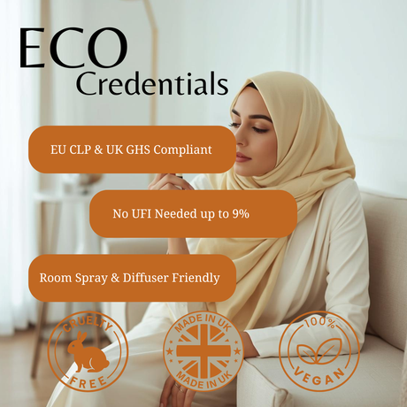 A woman in a beige hijab and cream outfit sits on a sofa in a bright room, with large text reading 'ECO Credentials' and orange callout bubbles about EU CLP & UK GHS compliance, no UFI needed up to 9%, and room spray & diffuser friendliness. Three circular badges at the bottom say cruelty free, made in UK, and vegan.