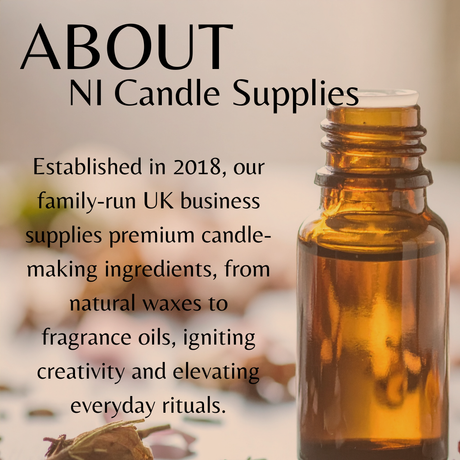 Brown glass bottle with text about NI Candle Supplies on a blurred background