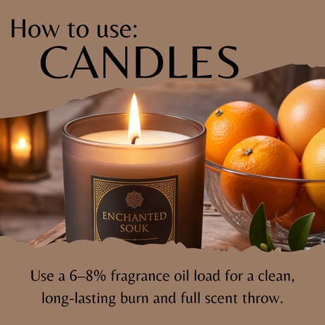 A lit candle labeled 'Enchanted Souk' in a dark glass jar, shown with text reading 'How to use: Candles' and additional usage instructions. A bowl of oranges appears in the background as styling props.