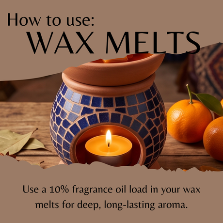 A ceramic wax warmer with blue mosaic tiles and a terracotta lid sits on a wooden surface with a lit candle inside. Text overlays read 'How to use: WAX MELTS' and 'Use a 10% fragrance oil load in your wax melts for deep, long-lasting aroma.