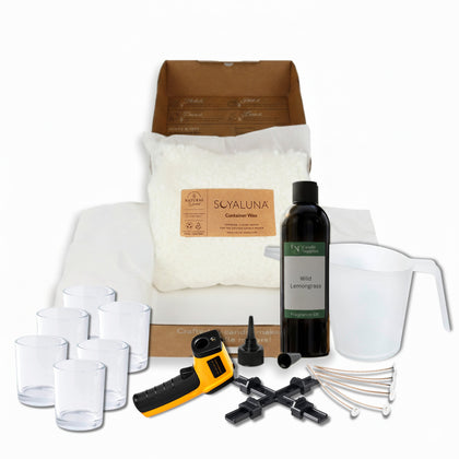 Collection of items including a bag labelled 'SoyaLuna', bottles, measuring cups, and tools on a white background.