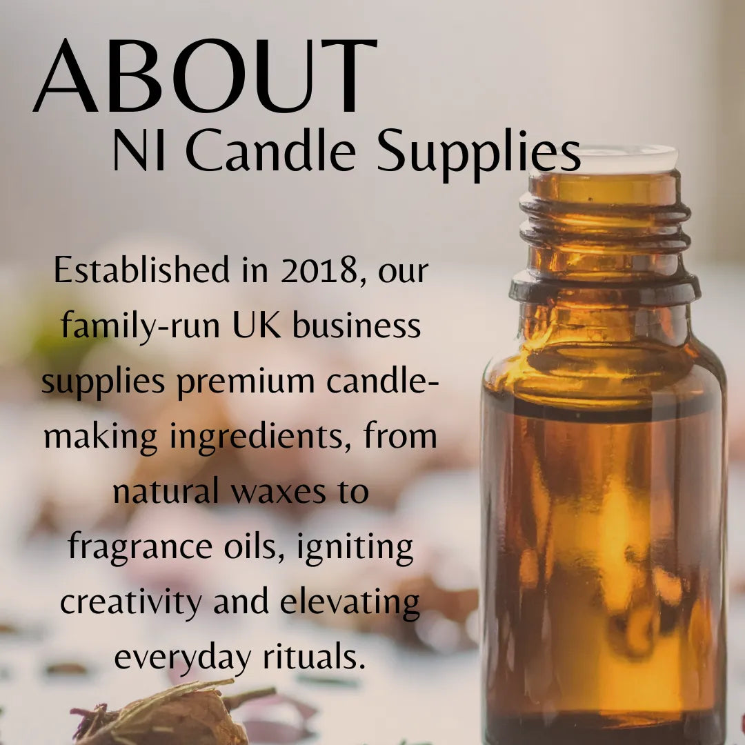 Brown glass bottle with text about NI Candle Supplies on a blurred background