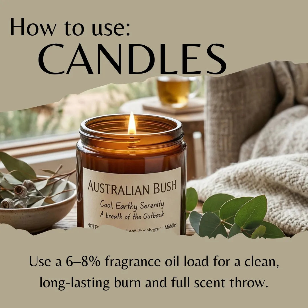 A lit amber glass candle jar labeled 'AUSTRALIAN BUSH' sits on a table in a cozy indoor setting with a blanket, leaves, and a cup in the background. Large text at the top reads 'How to use: CANDLES' and text at the bottom explains fragrance oil loading for a clean burn.