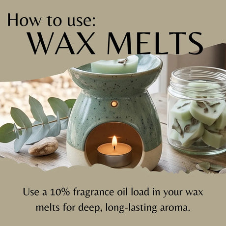 A ceramic wax warmer with a lit tea light candle inside, shown alongside a jar of wax melts and a eucalyptus branch on a tabletop. Large text at the top reads 'How to use: WAX MELTS' and smaller text at the bottom explains using fragrance oil load in wax melts for deep, long-lasting aroma.