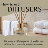 A reed diffuser bottle labeled 'AUSTRALIAN RUSH' with wooden reeds, shown in a bathroom setting with folded white towels and text overlays explaining how to use diffusers.