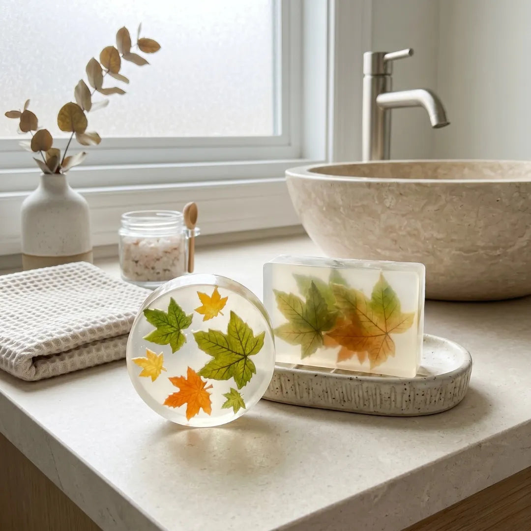 Two soap bars with leaf designs on a bathroom counter.