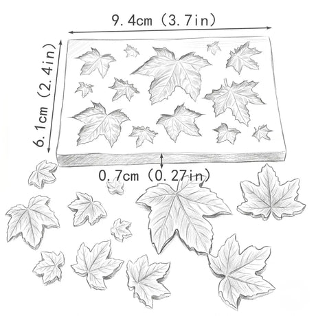 Measurement chart of maple leaf-shaped molds with dimensions labeled.