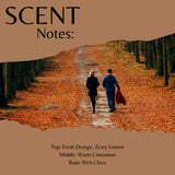 Fragrance Oil cover titled 'SCENT Notes:' showing a photo of a couple walking down a leaf-covered path in autumn, with scent notes listed at the bottom on a tan background.