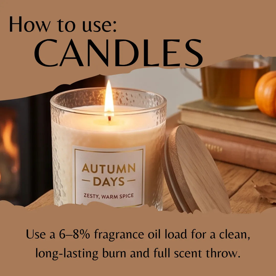 A lit scented candle in a textured clear glass jar with a wooden lid beside it on a wooden surface. Large text at the top reads 'How to use: CANDLES,' and smaller text below describes fragrance oil load and burn time.