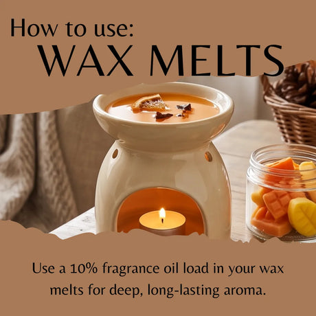 A ceramic wax warmer with a lit tea light candle inside, shown on a tabletop with fragrance oil in a bowl and a jar of fruit slices beside it. Large text at the top reads 'How to use: WAX MELTS' and the bottom text says to use a 10% fragrance oil load for deep, long-lasting aroma.