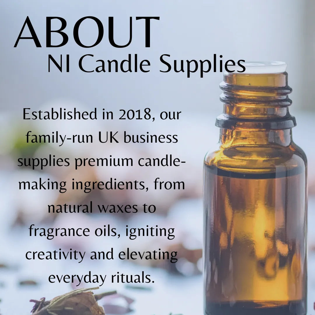 Brown bottle with a blurred background and text about NI Candle Supplies.