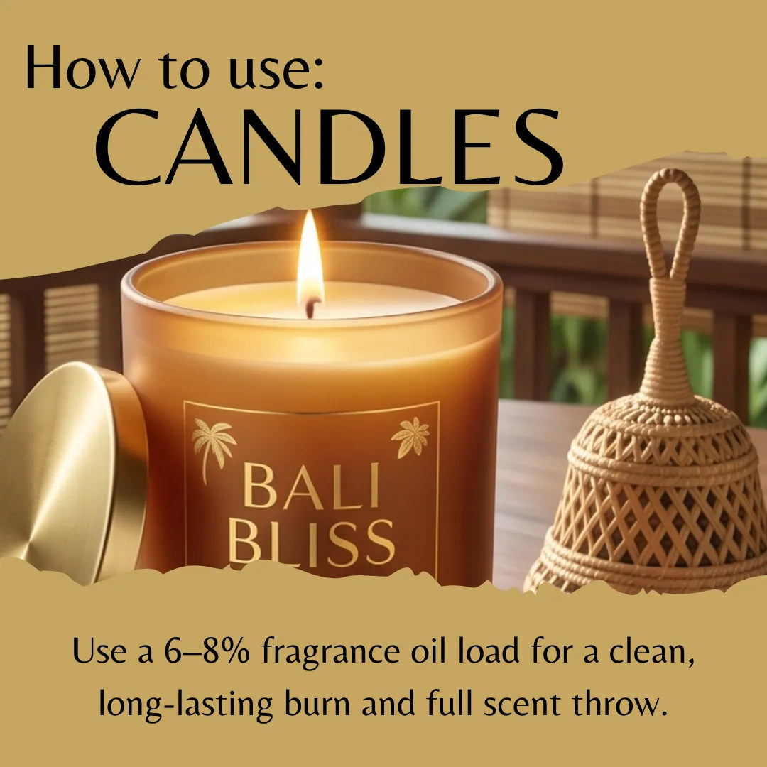 Instructional graphic titled 'How to use: CANDLES' showing a lit Bali Bliss candle with its gold lid beside a woven holder, with text about fragrance oil load on a tan background.