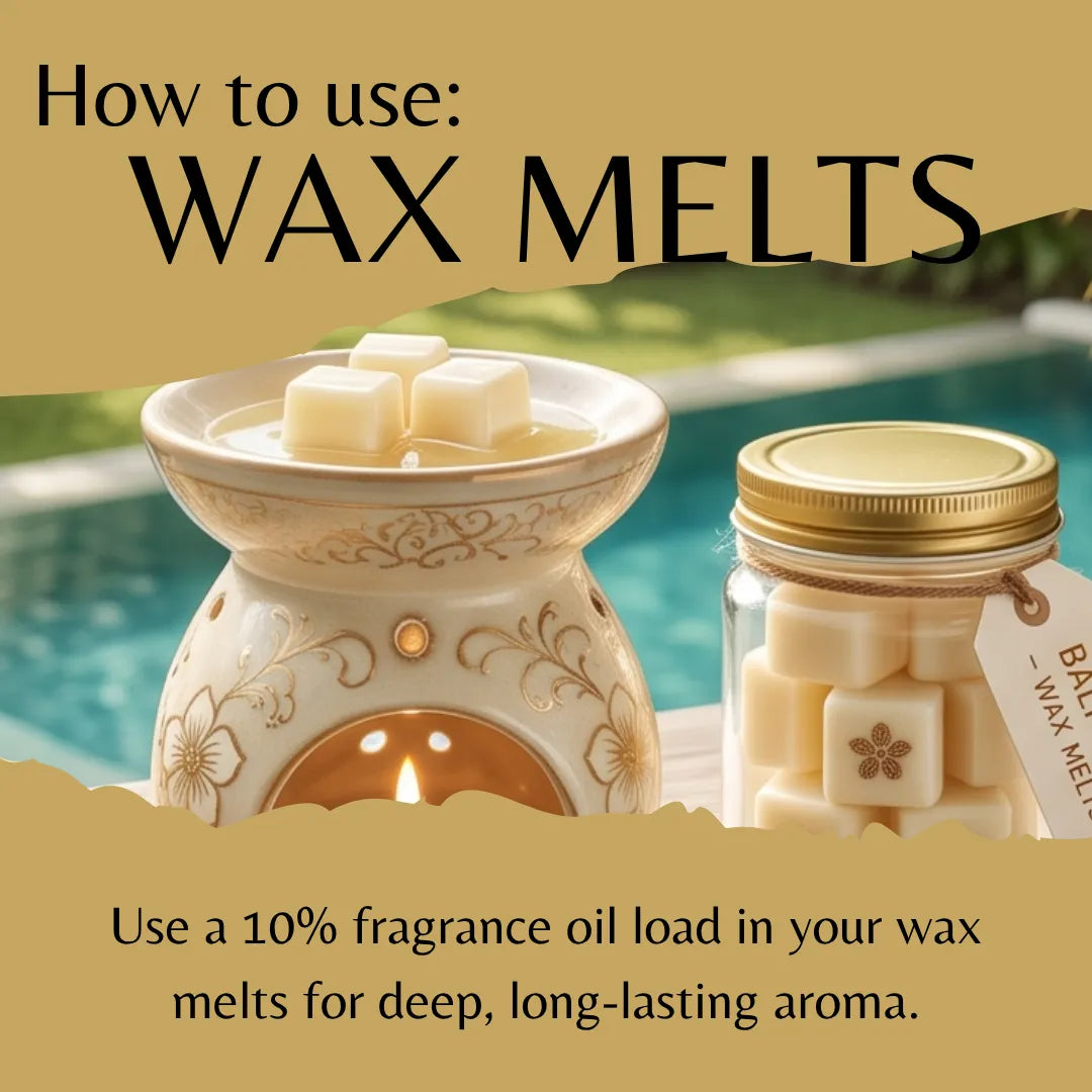 Instructional graphic titled 'How to use: WAX MELTS' showing a lit ceramic wax melt burner with melts in a jar with gold lid next to it on a blurred pool background