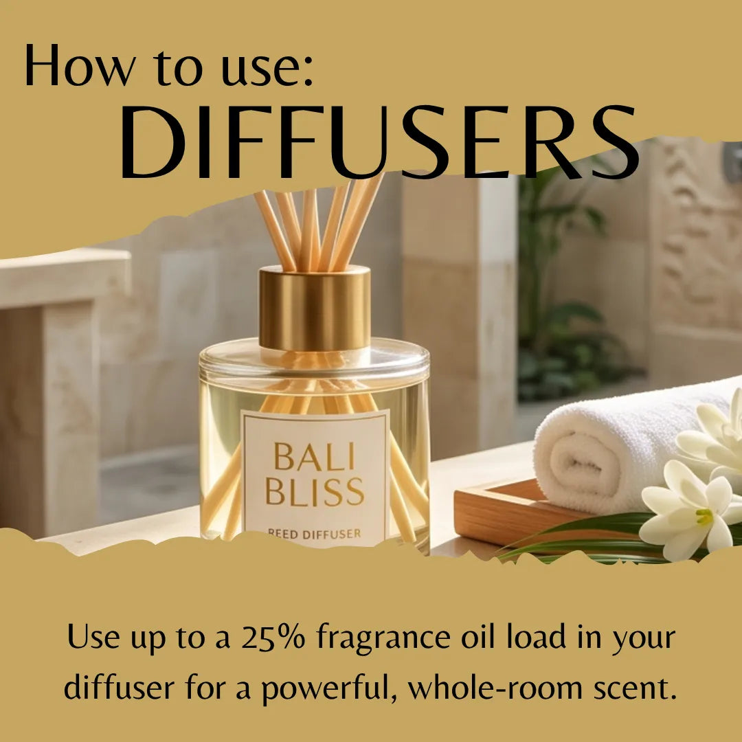A reed diffuser bottle labeled Bali Bliss sits on a bathroom counter with a rolled towel, flowers, and large text reading 'How to use: DIFFUSERS' and usage instructions.