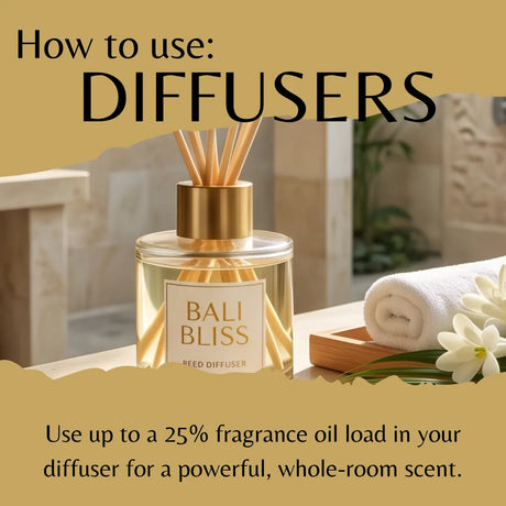 A reed diffuser bottle labeled Bali Bliss sits on a bathroom counter with a rolled towel, flowers, and large text reading 'How to use: DIFFUSERS' and usage instructions.