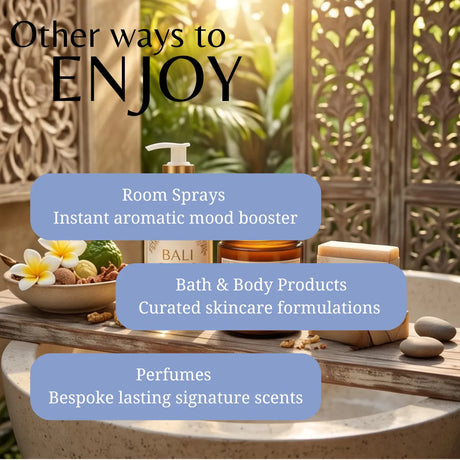 Promotional graphic with the text 'Other ways to ENJOY' over a spa-like scene featuring bath and body products, including a Bali soap bar, a pump bottle, and a bowl with flowers and stones. Three blue text boxes list: Room Sprays, Bath & Body Products, and Perfumes.
