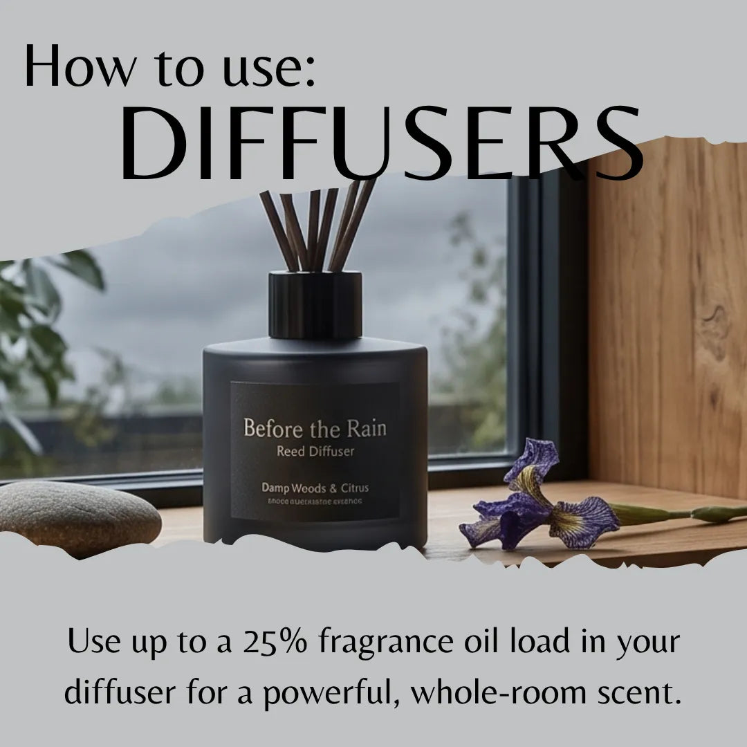 A reed diffuser bottle labeled 'Before the Rain Reed Diffuser' sits on a windowsill with reeds sticking out. Large text at the top reads 'How to use: DIFFUSERS,' and smaller text at the bottom says 'Use up to a 25% fragrance oil load in your diffuser for a powerful, whole-room scent.