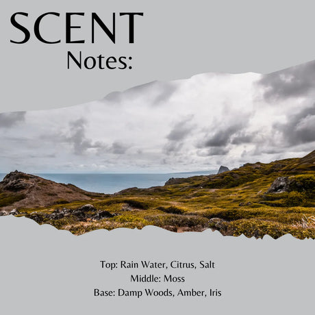 Scent Notes graphic featuring a torn-paper style landscape photo of a moody coastal scene with mountains, ocean, and grassy hills under cloudy skies. Large text at the top reads 'SCENT Notes:' and smaller text at the bottom lists fragrance notes: 'Top: Rain Water, Citrus, Salt', 'Middle: Moss', 'Base: Damp Woods, Amber, Iris'.