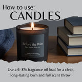 Instructional graphic titled 'How to use: Candles' showing a lit black candle labeled 'Before the Rain' on a wooden surface beside stacked books and a knitted textile, with text about fragrance oil load and burn time.