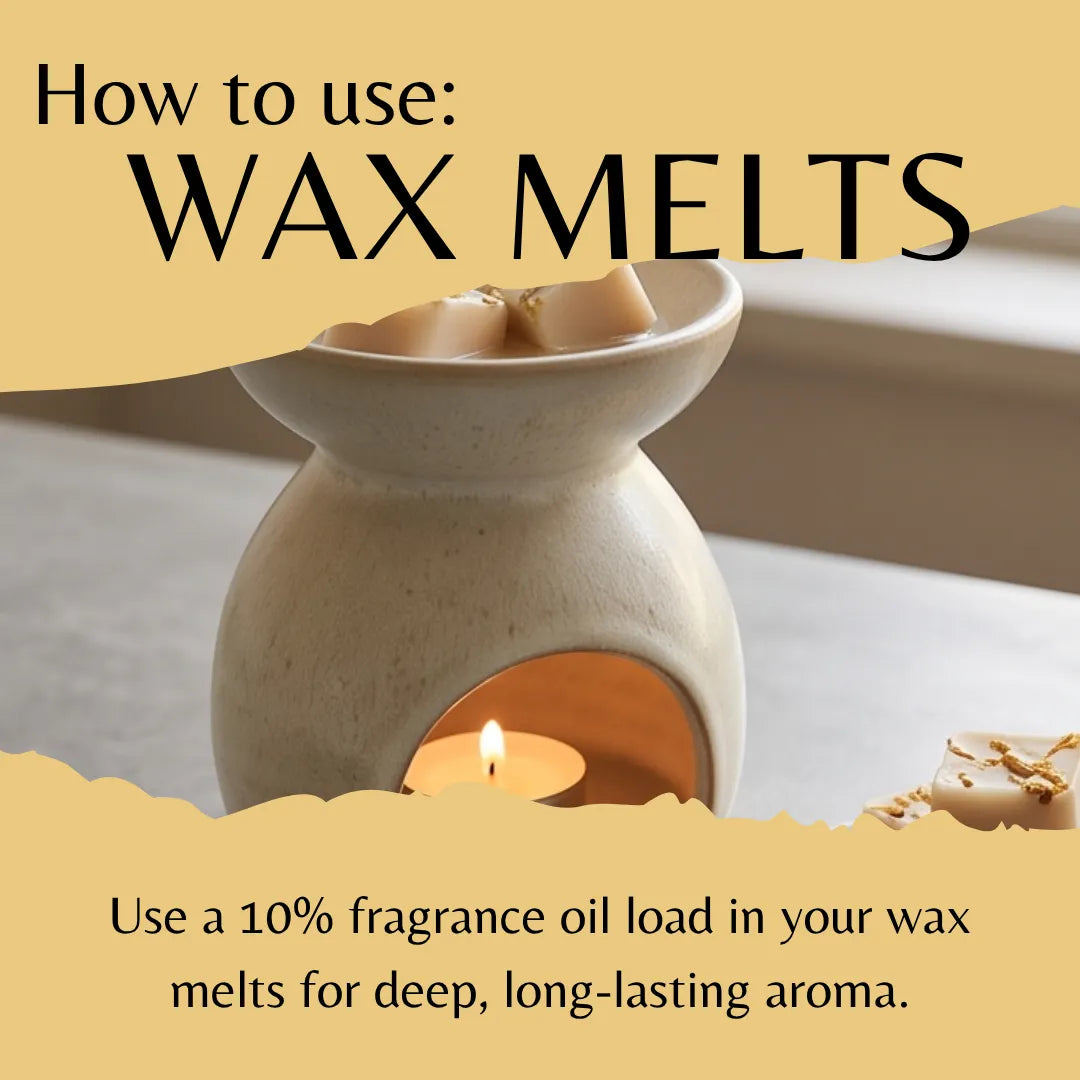 A wax melt burner with Bergamot, Jasmine & Musk wax melts and a lit tea light candle. Large text reads 'How to use: WAX MELTS' and smaller text explains loading up to 10% fragrance oil for a long-lasting aroma.