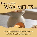 A wax melt burner with Bergamot, Jasmine & Musk wax melts and a lit tea light candle. Large text reads 'How to use: WAX MELTS' and smaller text explains loading up to 10% fragrance oil for a long-lasting aroma.