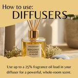 A reed diffuser bottle labeled Bergamot, Jasmine & Musk with gold-toned reeds and cap, shown with decorative dried greenery and a stone on a beige background. Large text reads 'How to use: DIFFUSERS' and smaller text explains loading up to 25% fragrance oil for a whole-room scent.