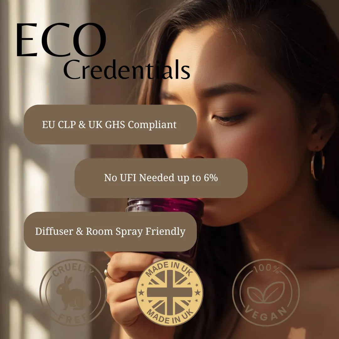 A card explaining the eco credentials of Bergamot, Jasmine & Musk Fragrance Oil with a lady in the background smelling a finished candle.