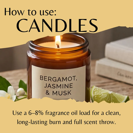 A candle in an amber jar with a cream label that reads Bergamot, Jasmine & Musk. Large text reads 'How to use: CANDLES' and smaller text explains loading of 6-8% fragrance oil for a long-lasting burn and full scent throw.