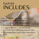 A product information graphic with a tan background and the heading 'Each Kit INCLUDES:' over a softly blurred photo of wax pouring into containers. Black text lists included items such as 12 Oxford jars, 4kg SoyaLuna Container Blend wax, 2 x 100ml bottles of Beyond Fabulous oil, wicks, pouring nozzles, wooden wick holders, warning labels, and an easy-to-follow instructions ebook.
