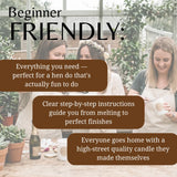 Promotional graphic for a beginner-friendly candle-making kit, featuring three women in a greenhouse setting wearing aprons and smiling. Large text reads 'Beginner FRIENDLY:' with three brown rounded text boxes outlining key selling points about clear instructions and fun activity.